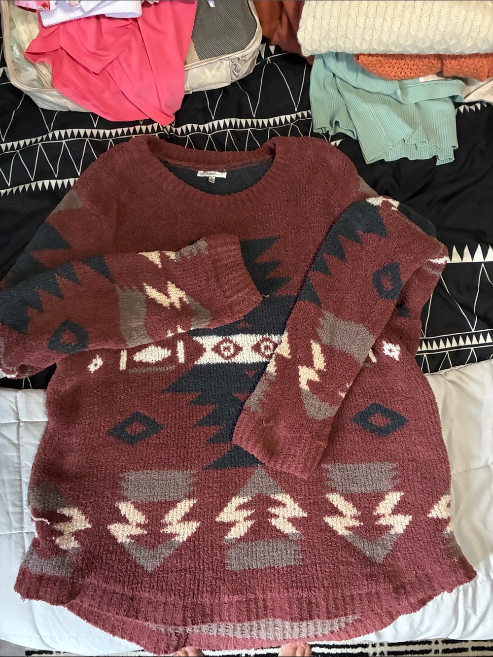 JODIFL Brick Red Aztec Crew Neck Sweater